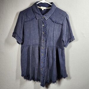 Umgee Shirt Womens Medium Blue Gauze Button Front Babydoll Raw Hem Casual